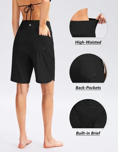 Vista 3 de Viodia Pantalones cortos de natación para mujer de 9 pulgadas de largo con bolsillos, cintura alta, trajes de baño de playa, hasta la rodilla