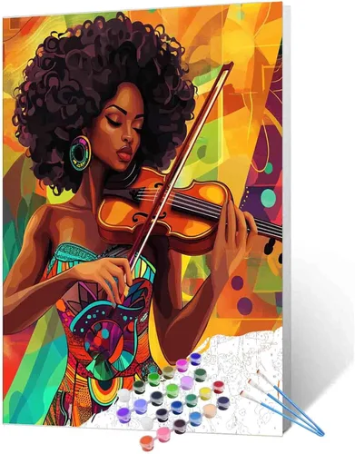 Vista 15 de Pintura de niña afro a la moda, kits de pintura por números, 16 x 20 pulgadas, lienzo de hojas tropicales, pintura al óleo para niños y adultos