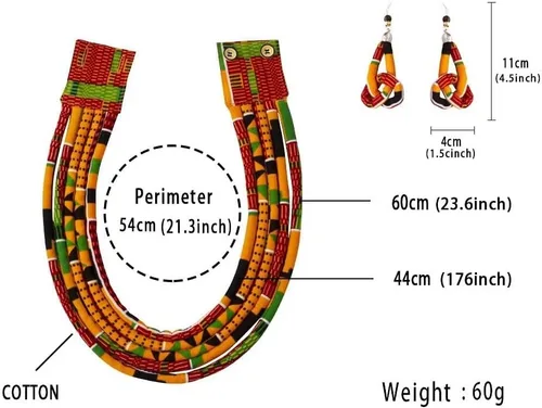 Vista 2 de Conjunto de collar africano y pendientes Ankara con estampado de tela multicapa de cuerda tejida gargantilla en capas