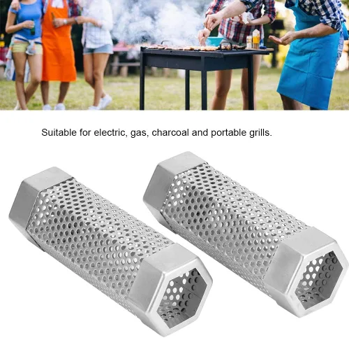 Vista 3 de Tubo de ahumador de pellets, 2 piezas de tubo de ahumador para parrilla de barbacoa, tubo de malla de pellets, caja de humo de 6 pulgadas, tubo
