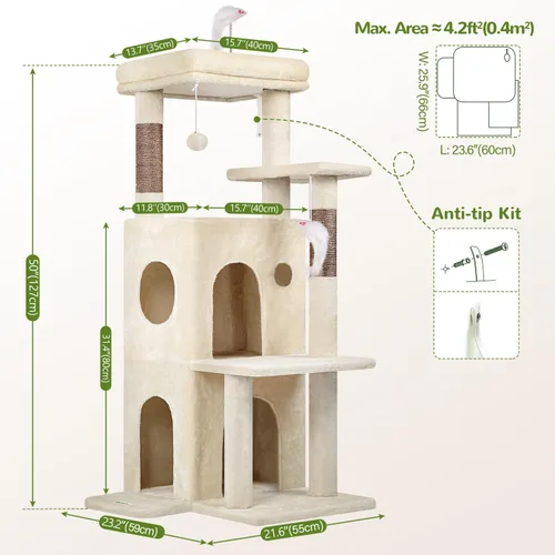 Vista 6 de Globlazer Torre de árbol para gatos de interior, casa de árbol para gatos adultos de 50 pulgadas para gatos adultos grandes con escalones, poste