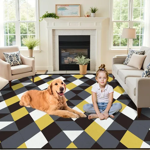 Vista 8 de Alfombra abstracta retro con formas geométricas coloridas, amarillo, gris, negro y blanco, alfombra de juego para exteriores, alfombra de juego