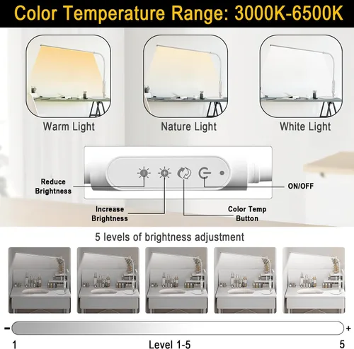 Vista 3 de CGBE Lámpara de escritorio LED: lámpara de uñas ajustable de 360° para escritorio con 3 modos de color y 5 niveles de brillo, lámpara de uñas