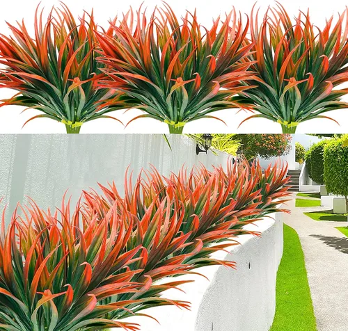 Vista 27 de 8 piezas de plantas falsas para exteriores, resistentes a los rayos UV, plantas de césped alto artificiales, flores tropicales, arbustos, decoración