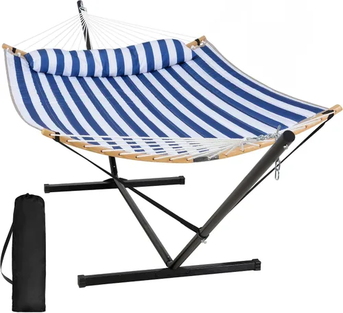 Vista 8 de SUNCREAT Hamaca doble con soporte incluido, hamaca portátil con soporte y almohada grande, rayas azules Rayas A-blue