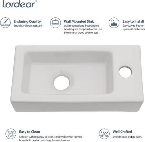 Vista 5 de Lordear Lavabo pequeño de baño montado en la pared, lavabo de esquina de baño de 15" x 7", lavabo flotante para lavado de manos colgado en la pared