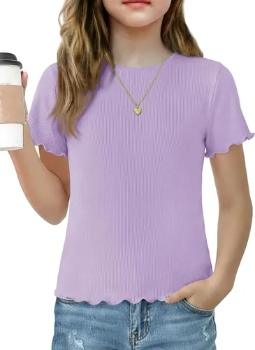 Vista 21 de Arshiner Camisas de manga corta con ribete de lechuga para niñas, camisetas de verano acanaladas con cuello redondo Blanco