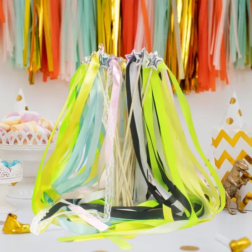 Vista 7 de Varita de cinta amarilla – 40 piezas de cinta de envío de boda con campanas doradas, varita de deseos de hada, varitas agitando para niñas