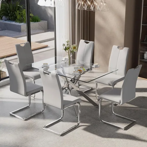 Vista 24 de Juego de mesa de comedor de 5 piezas para 4, mesa rectangular moderna de cristal con 4 sillas tapizadas de cuero, juegos de mesa y sillas de comedor