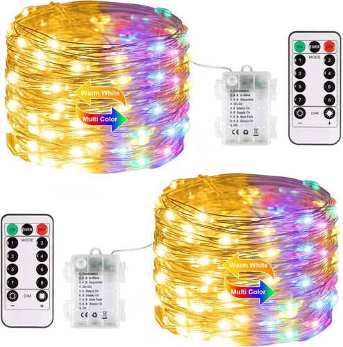 Vista 12 de JMEXSUSS Paquete de 2 Luces de Hadas Verdes a Batería, Total 200 LED 66 pies Luces de Cadena Parpadeantes con Control Remoto, 8 Modos de Luces