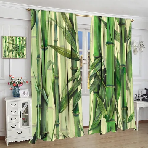 Vista 4 de Cortinas con estampado de bambú verde natural, plantas asiáticas, japonesas, tallos rústicos, hojas, cortina de selva con bolsillo para cortinero