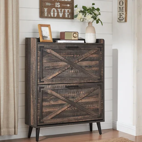 Vista 12 de Barnyatoh - Gabinete de almacenamiento de zapatos estilo granja, organizador de zapatos con 2 cajones abatibles y diseño de puerta de granero