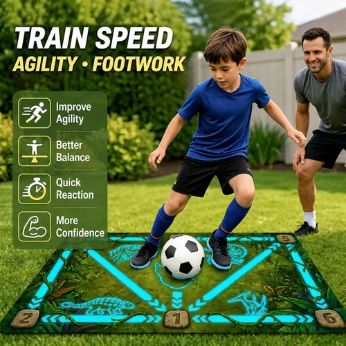 Vista 2 de Soccer Training Mat with Video Drills, Non-Slip Footwork Practice for Kids Green - dinosaur