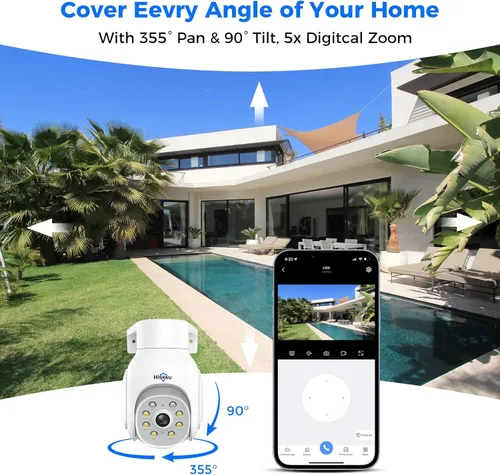 Vista 2 de Hiseeu - Cámara de seguridad inalámbrica para exteriores, 3MP, visión nocturna a color, WiFi, vigilancia de video para el hogar, giro y inclinación
