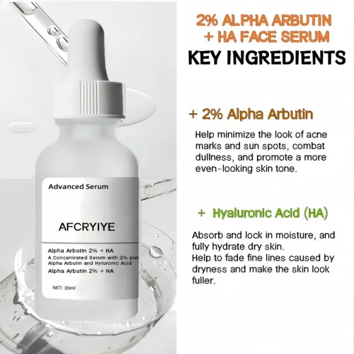 Vista 5 de Suero facial con 2% de alfa arbutina + ácido hialurónico – Suero iluminador para manchas oscuras, decoloración de cicatrices de acné y pigmentación