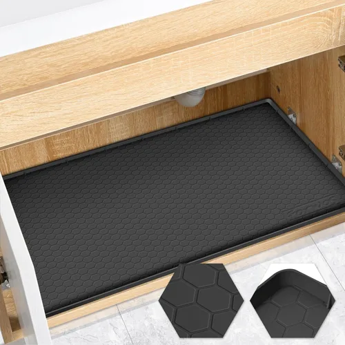 Vista 13 de Tapete impermeable para debajo del fregadero de 22 x 19 pulgadas, forro de silicona para gabinete, protector de goma para cocina y baño, mantiene