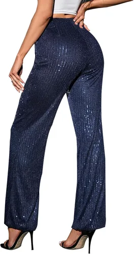Vista 2 de YHYJMY Pantalones acampanados de lentejuelas para mujer elásticos sueltos con brillantina cintura alta brillante pierna ancha