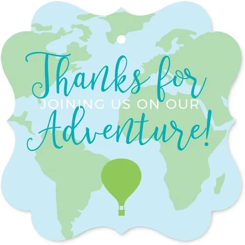 Vista 5 de Andaz Press Colección de fiesta de mapa del mundo de aventura en globo aerostático, azul y verde, pancarta colgante personalizada con cuerda