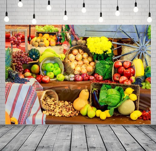 Vista 3 de CSFOTO Fondo de 5 x 3 pies para exhibición de frutas, verduras, fotografía, telón de fondo, cosecha, crisantemo, flores, flores, otoño, fiesta