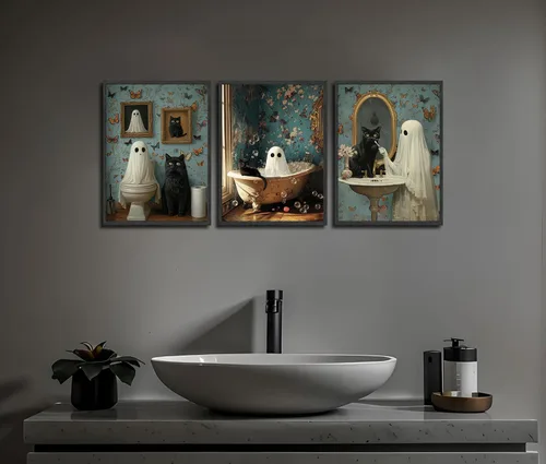 Vista 6 de NBYARTQ Pósteres de Fantasmas de Halloween Arte de Pared Juego de 3 Impresiones de Terror Espeluznante Academia Oscura Fantasma y Gato Negro