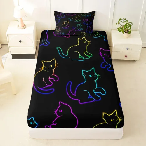 Vista 7 de Feelyou Cat Bed Sheets Set Twin Size Halloween Themed Bed Set Trick or Treat Deep Pocket Fitted Sheet Scaredy Cat Breathable Soft Lightweight