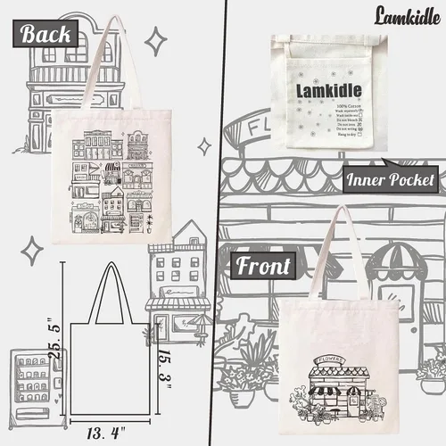 Vista 4 de Bolsa de lona minimalista de algodón reutilizable para mujer, diseño de arte estético, Edificio, Talla única