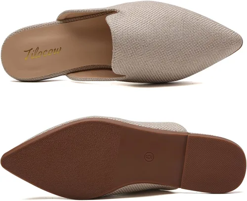 Vista 6 de Tilocow Mules para mujer, cómodos mocasines puntiagudos, sin espalda, planos, zapatos casuales de negocios, deslizantes, sin cordones beige