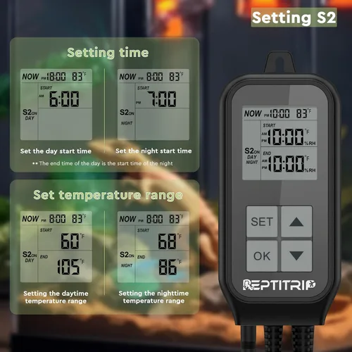 Vista 5 de REPTITRIP Termostato de reptil, temporizador de luz para control de temperatura y iluminación, termostato temporizador día-noche con termómetro