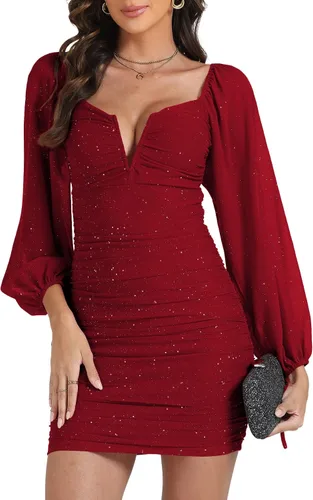 Vista 3 de Rooscier Minivestido de cóctel sexy con cuello en V y purpurina para mujer