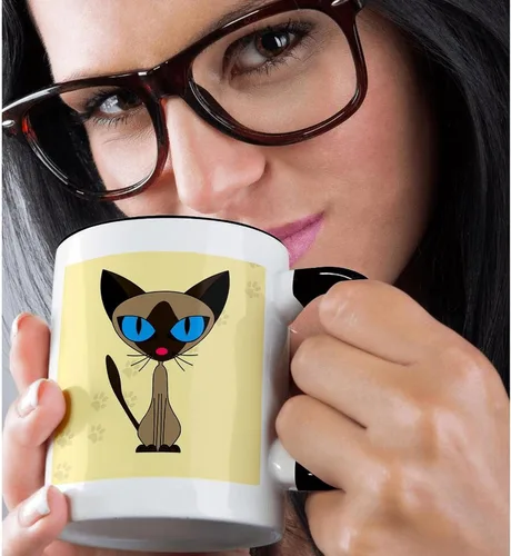 Vista 2 de 3dRose Lindo gato siamés huellas diseño 11oz dos tonos negro taza