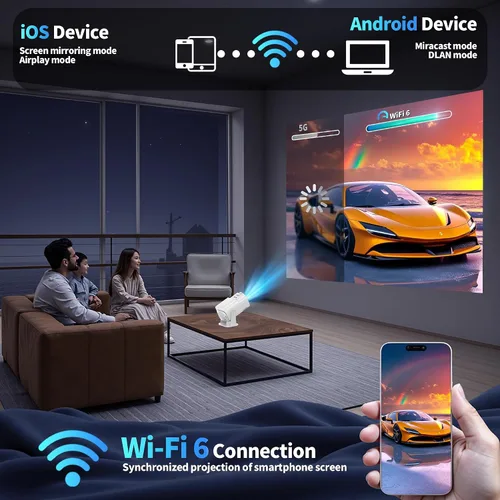 Vista 6 de [Proyector 2026 actualizado] Mini proyector compatible con 4K 1080P Keystone automático 270° giratorio con WiFi 6 y Bluetooth 5.2 proyector portátil