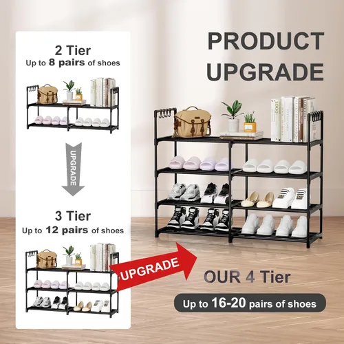 Vista 6 de Estante para zapatos de 2 filas y 4 niveles, estante de zapatos apilable de metal negro con ganchos multifuncionales, capacidad para 16-20 pares