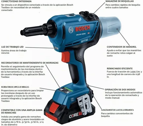 Vista 2 de Bosch GRG18V-3600CB24 Kit de herramientas de remache conectadas sin escobillas de 18 V con (2) baterías de alimentación avanzada CORE18V® de 4 Ah