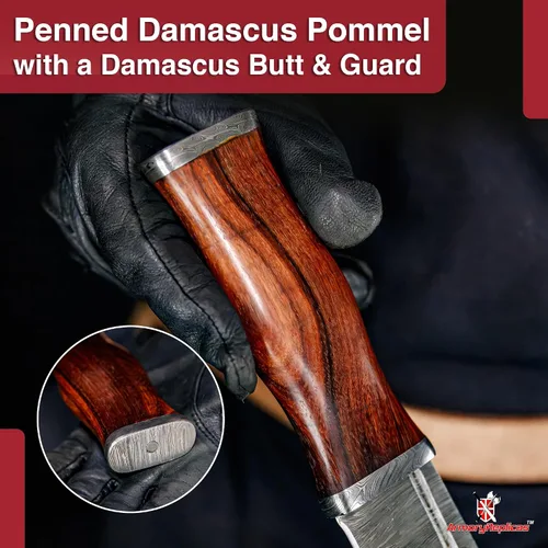 Vista 6 de Armory Replicas Hometown - Cuchillo de daga de hoja de acero Damasco con mango de madera de nogal y funda de cuero genuino