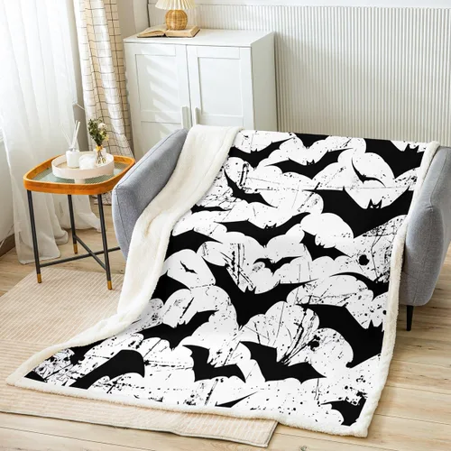 Vista 2 de Erosebridal Manta gótica de murciélagos de Halloween, manta de forro polar blanco y negro de 40 x 50 pulgadas, silueta vintage para niños, sombras