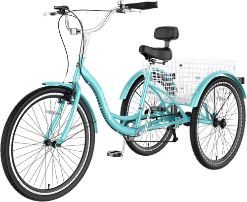 Vista 12 de Slsy Triciclo para adultos de 7 velocidades, 20/24/26 pulgadas, bicicleta de 3 ruedas para adultos con cesta de compras grande, capacidad de 350