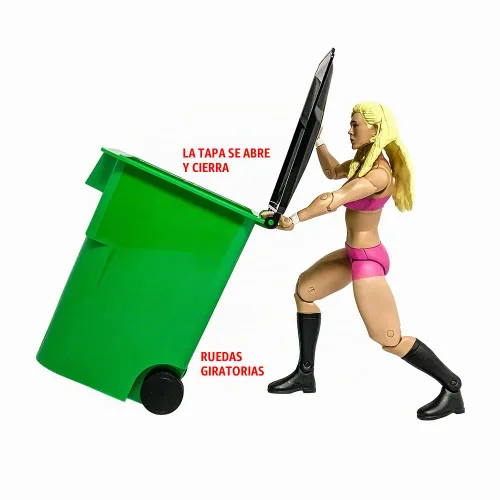 Vista 3 de Bote de basura verde en miniatura con tapa y ruedas para figuras de acción de lucha libre