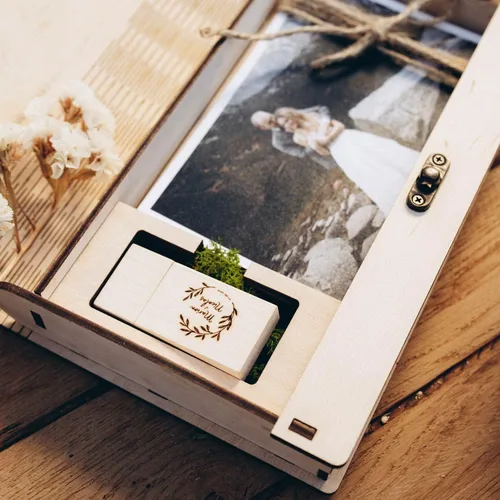 Vista 4 de Caja de fotos de boda para impresiones, caja de memoria de madera para fotos y unidad flash USB 3.0 (opcional), caja de regalo personalizada