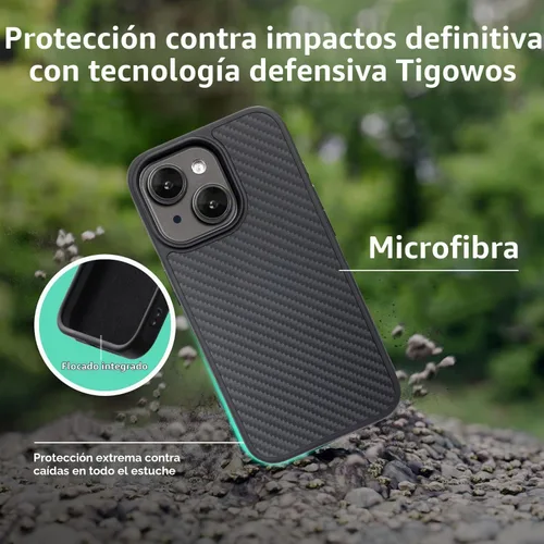 Vista 3 de Tigowos Funda para iPhone 15 Plus e iPhone 14 Plus Funda Protectora Hecha de Fibra de Aramida Real, Suave al Tacto, Parachoques de Carbono Negro-b