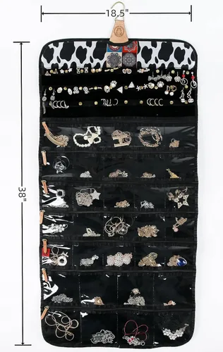 Vista 3 de Angelina's Palace Tenby Jewelry - Organizador de doble cara para colgar en el armario, rollo de almacenamiento de joyas, 24 barras de anillos