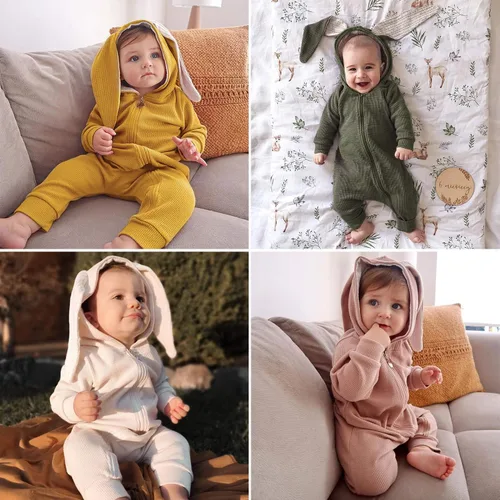 Vista 86 de Simplee Kids Enterizo con diseño de conejo de Pascua con capucha, para bebé, overol con cremallera y orejas largas