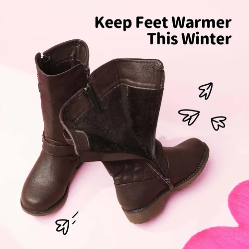 Vista 4 de DREAM PAIRS - Botas de invierno para montar en motocicleta para niñas, con forro de piel sintética, altura hasta la rodilla, tallas ToddlerLittle