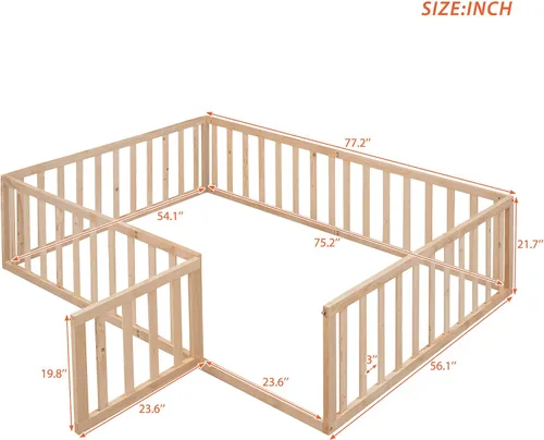 Vista 2 de Cama de plataforma de tamaño matrimonial con valla, marco de cama de piso de madera maciza con puerta, marco de sofá cama de tamaño matrimonial