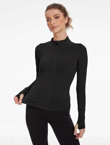 Vista 4 de Locachy Chaqueta de entrenamiento atlética ligera con cremallera completa para mujer, ajustada, deportiva, correr, yoga, ropa deportiva con agujeros