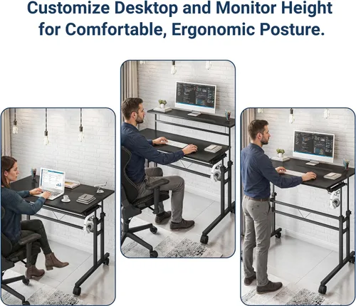Vista 5 de Techni Mobili Escritorio con ruedas de altura ajustable con soporte para tazas, color negro