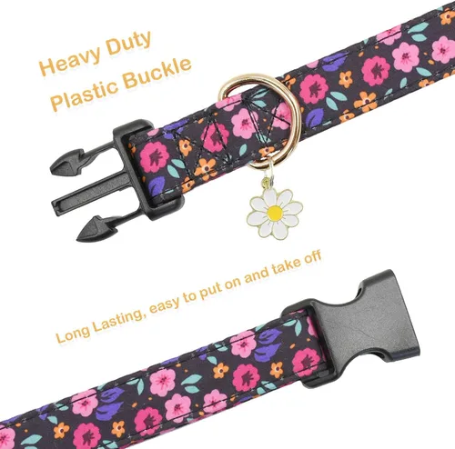 Vista 3 de Lindo collar de algodón para perro, patrones de flores, collares suaves y ajustables para cachorros, para hembras, perros pequeños, medianos