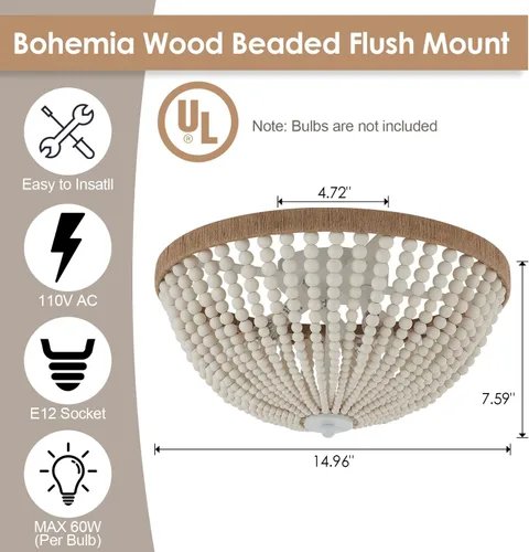 Vista 4 de Lámpara de techo de cristal de montaje empotrado moderna y estilo bohemio con cuentas de madera