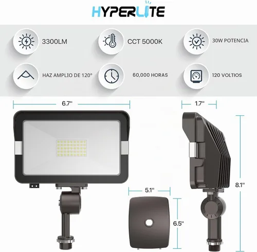 Vista 2 de HYPERLITE Paquete de 2 luces de inundación LED de 30 W para exteriores con soporte de nudillos, montaje en pared de 5000 K 3,300 Lm IP65, luces