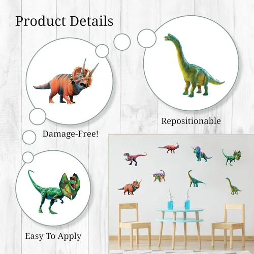 Vista 3 de Decalcomania - Calcomanías de pared de dinosaurio por P.D. Moreno, juego de 8 calcomanías para pared, calcomanías para decoración de dormitorio Dino
