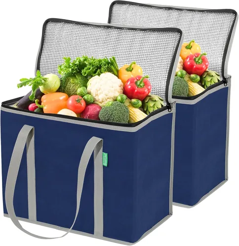 Vista 8 de Bolsas de comestibles reutilizables con aislamiento XL (paquete de 2) – Bolsas enfriadoras de alta calidad con inserto inferior duro, se mantienen